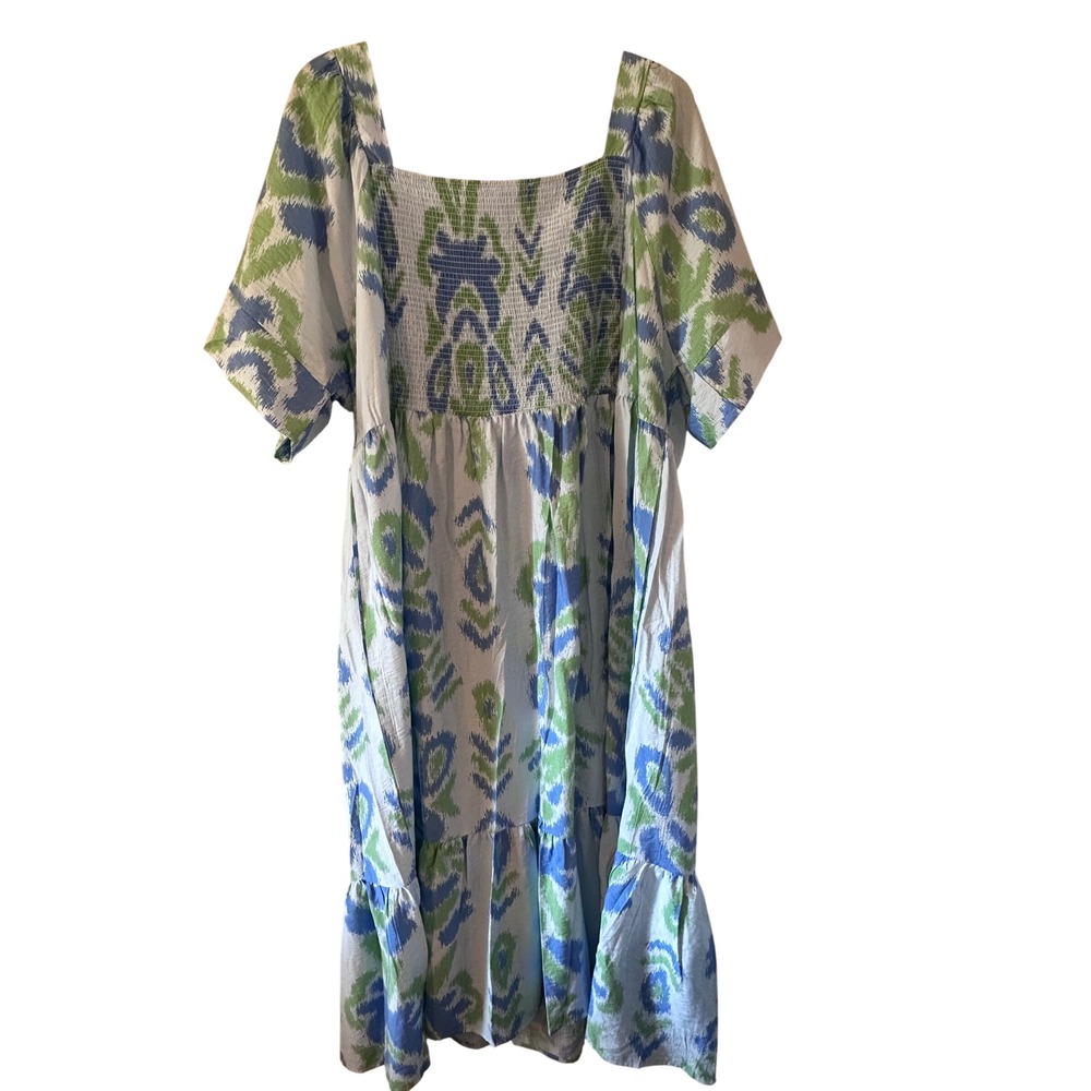 Michelle McDowell Maxi‎ Dress Women XXL Blue Green Ikat Print Square Neck Tiered